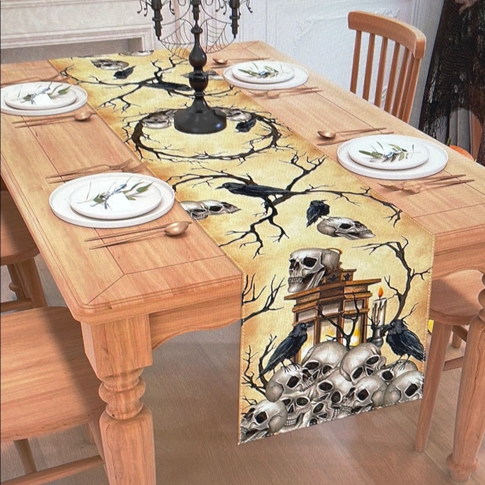 Skull & Crow Gothic Table Runner – Black/Cream – NWOT - Picture 2 of 4